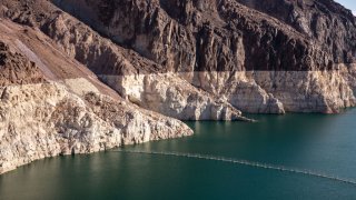 A bathtub ring watermark at Hoover Dam/Lake Mead is viewed on July 12, 2022 near Boulder City, Nevada.