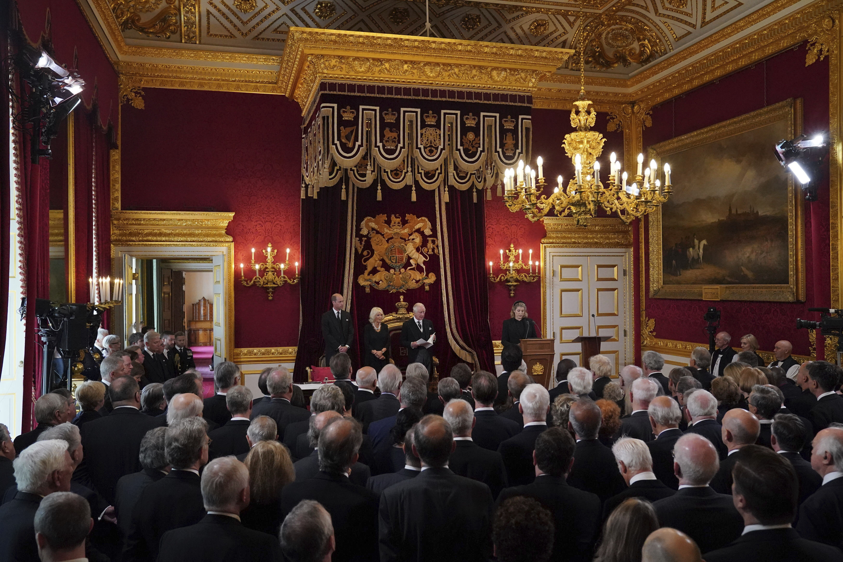 King Charles III with the Prince of Wales, the Queen Consort and Lord President of the Council Penny Mordaunt during the Accession Council at St James’s Palace, London, Sept. 10, 2022.  King Charles III was formally proclaimed monarch after the death of Queen Elizabeth II.