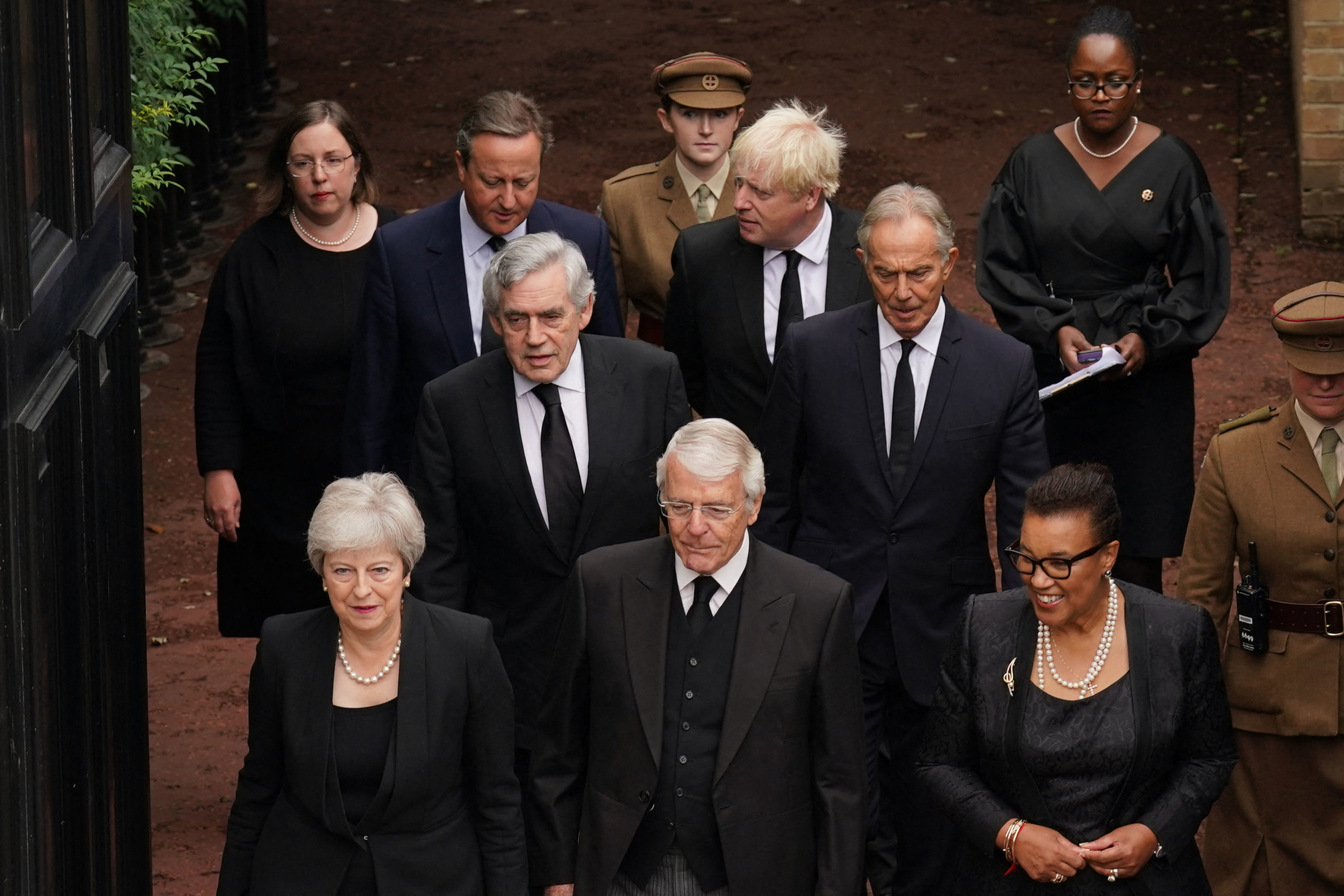 Former British Prime Ministers David Cameron, Boris Johnson, Gordon Brown, Tony Blair, Theresa May and John Major, joined by Baroness Scotland,  arrive for a meeting of the Accession Council inside St James’s Palace in London, Sept. 10, 2022, to proclaim King Charles III as the new King.