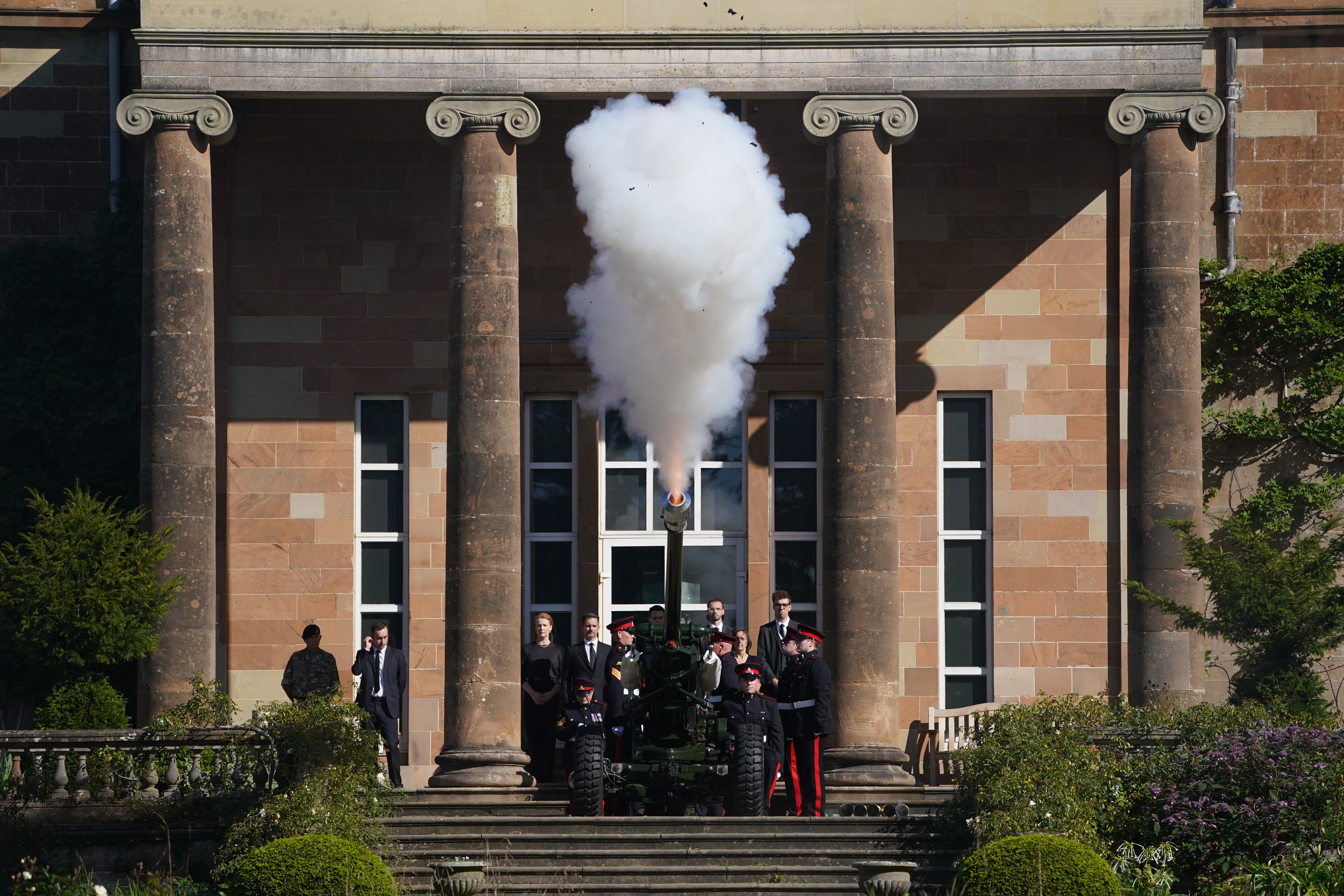 A 21-gun salute by the 105 Regiment Royal Artillery at Hillsborough Castle, Belfast, marks the Proclamation of Accession of King Charles III, Sept. 10, 2022.