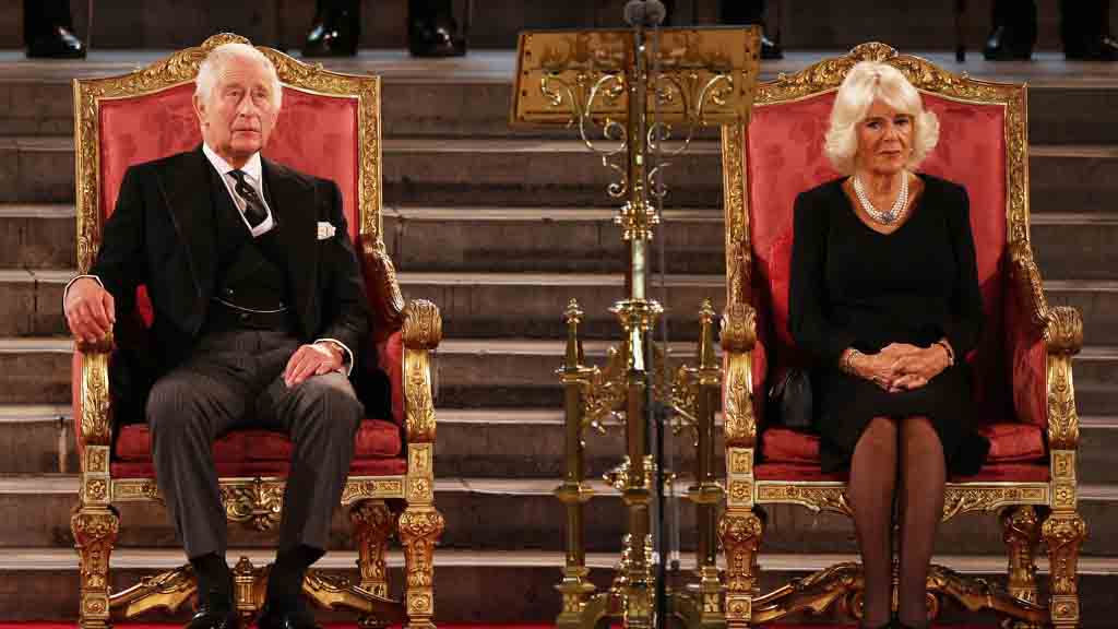 King Charles III and Camilla, Queen Consort, sits in Westminster Hall Sept. 12, 2022, in London, England, to listen to an address to His Majesty in Westminster Hall following the death of Her Majesty Queen Elizabeth II.