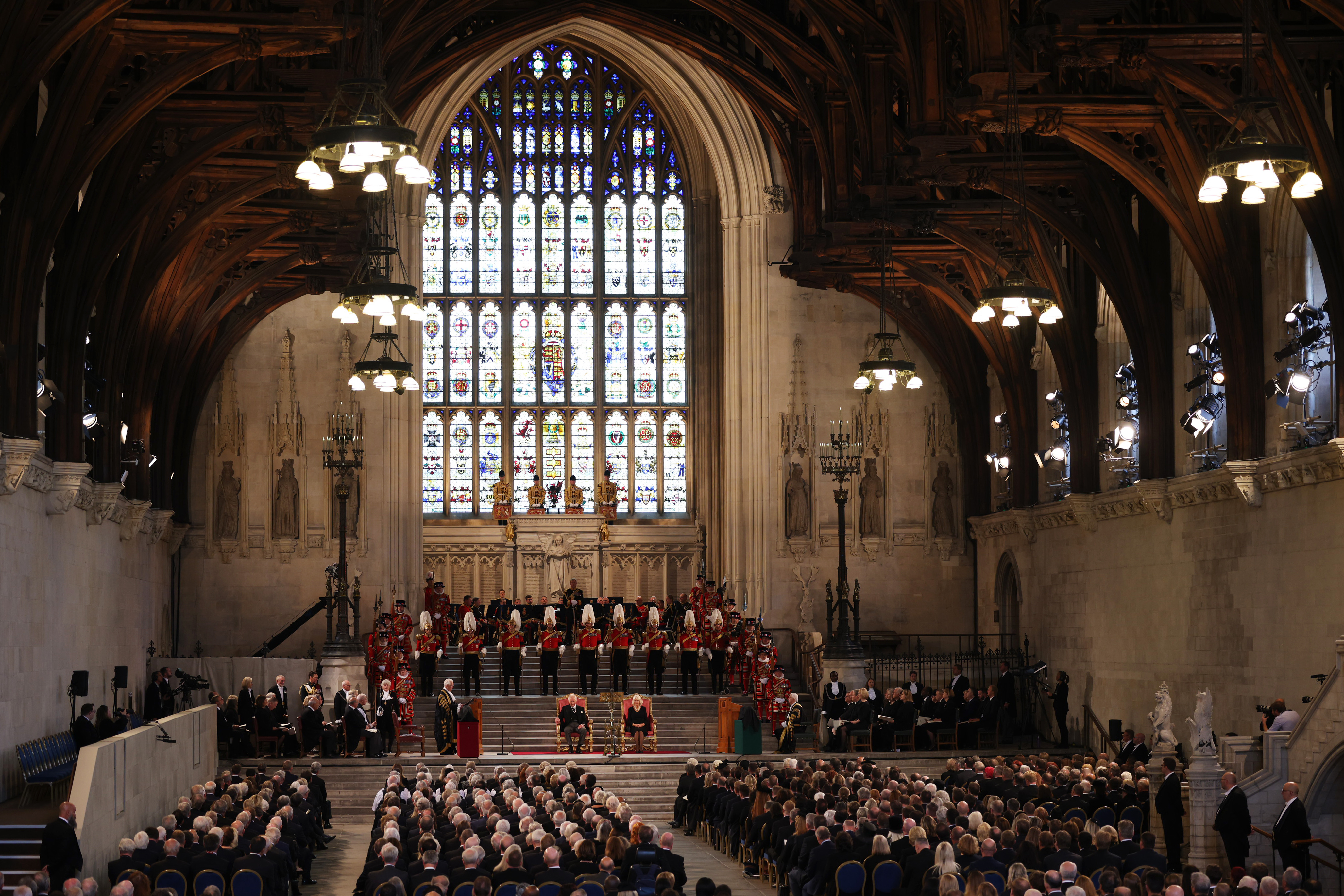 Lord Speaker John McFall, left, and Speaker of the House of Commons Lindsay Hoyle, right, as well as King Charles III and Camilla, Queen Consort, take part in an address in Westminster Hall Sept. 12, 2022, in London, England. The Lord Speaker and the Speaker of the House of Commons presented an Address to His Majesty on behalf of their respective House in Westminster Hall following the death of Her Majesty Queen Elizabeth II.