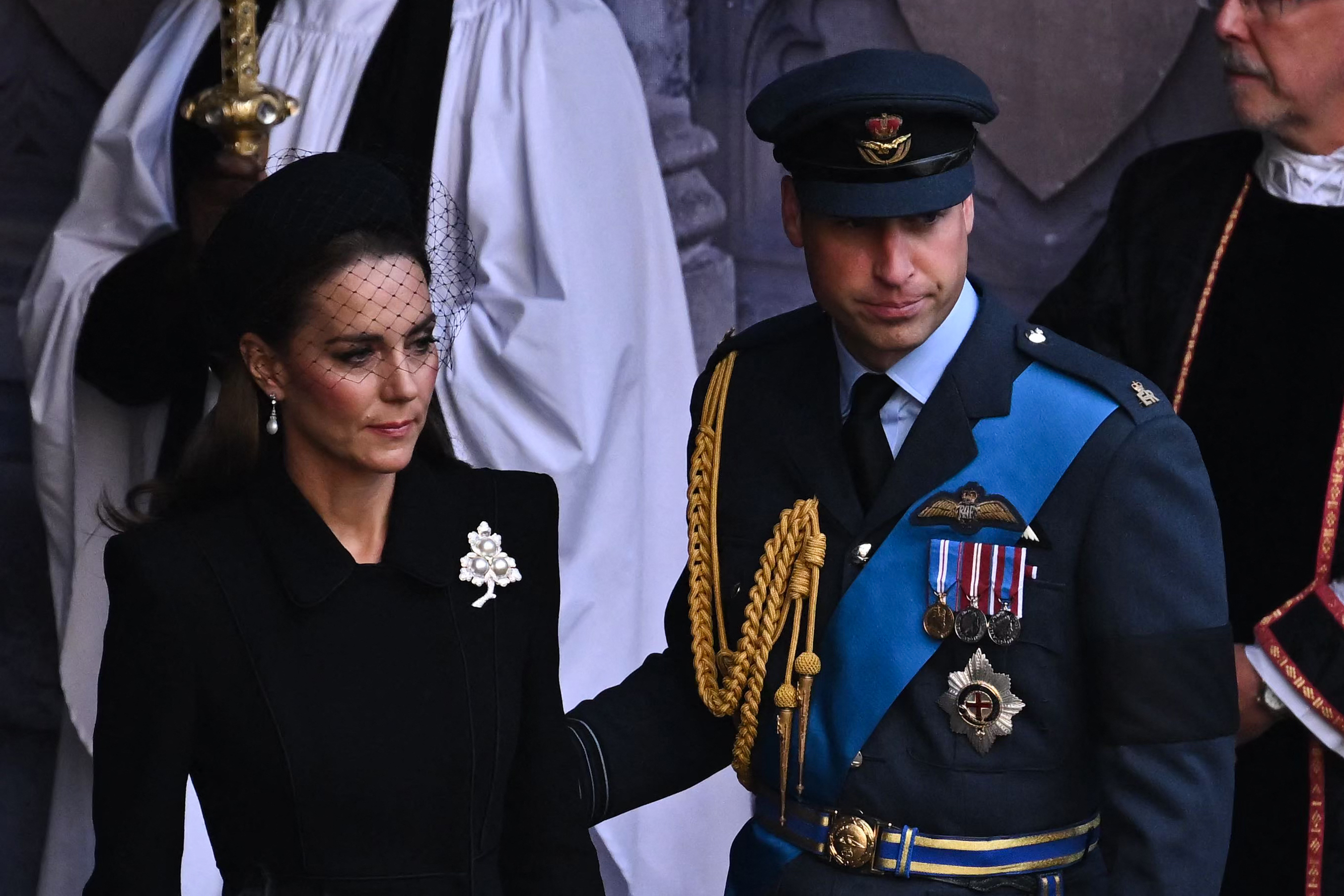 Catherine, Princess of Wales and Prince William, Prince of Wales leave after a service for the reception of Queen Elizabeth II’s coffin at Westminster Hall, Sept. 14, 2022, London.