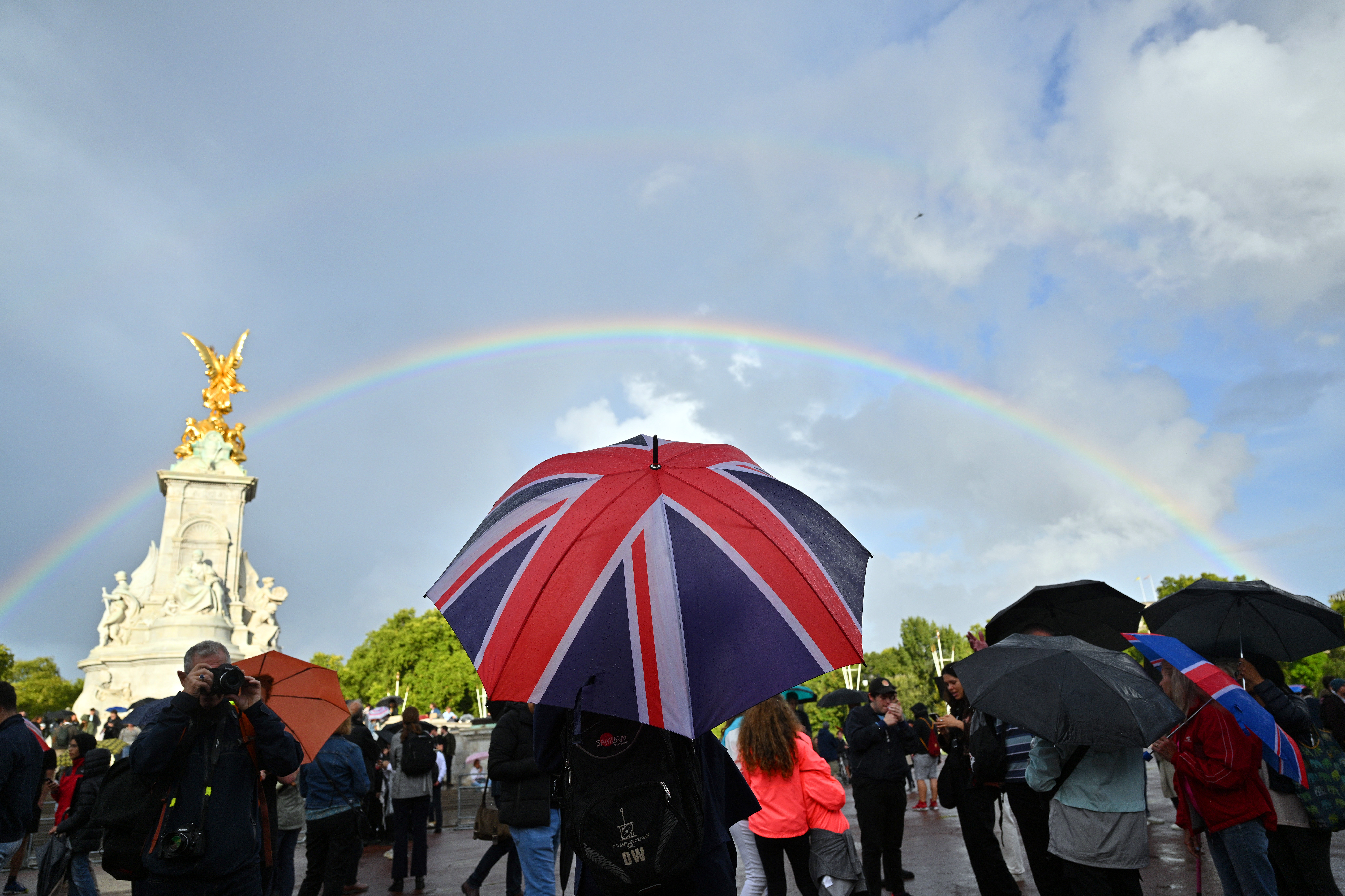 A rainbow is seen outside of Buckingham Palace on Sept. 8, 2022, in London, England. Queen Elizabeth II, Britain’s longest-serving monarch, has died at 96 following months of health concerns.