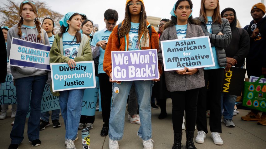 Proponents for affirmative action in higher education rally in front of the U.S. Supreme Court before oral arguments in Students for Fair Admissions v. President and Fellows of Harvard College and Students for Fair Admissions v. University of North Carolina on October 31, 2022 in Washington, DC. 