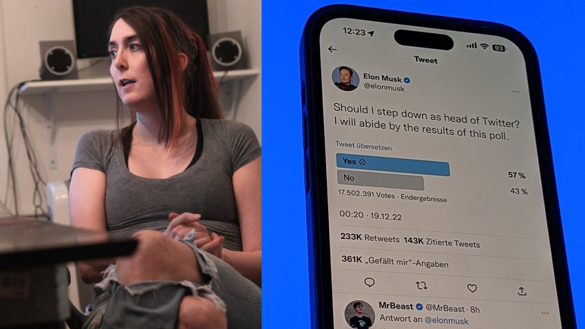 Brianna Wu, seen at left in a file photo, on Sunday, Dec. 19, 2022, urged Twitter CEO to release a poll asking whether he should resign. Moments later, he tweeted the poll at right.