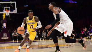 LOS ANGELES, CA – JANUARY 4: Dennis Schroder #17 of the Los Angeles Lakers drives to the basket during the game against the Miami Heat on January 4, 2023 at Crypto.Com Arena in Los Angeles, California. NOTE TO USER: User expressly acknowledges and agrees that, by downloading and/or using this Photograph, user is consenting to the terms and conditions of the Getty Images License Agreement. Mandatory Copyright Notice: Copyright 2023 NBAE (Photo by Adam Pantozzi/NBAE via Getty Images)
