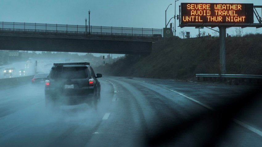 NOVATO, CALIFORNIA – JANUARY 4, 2023: Warning messages for drivers are posted along US Highway 101 in Marin County before a powerful storm arrives to the area in Novato, California on Wednesday January 4, 2023.(Melina Mara/The Washington Post via Getty Images)
