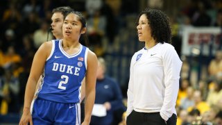 FILE - Duke Blue Devils head coach Kara Lawson talks to guard Vanessa de Jesus (2) on on Nov. 20, 2022 at Savage Arena in Toledo, Ohio.