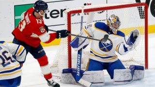 SUNRISE, FLORIDA – FEBRUARY 24: Goaltender Craig Anderson #41 of the Buffalo Sabres makes a save against Sam Reinhart #13 of the Florida Panthers at the FLA Live Arena on February 24, 2023 in Sunrise, Florida. (Photo by Eliot J. Schechter/NHLI via Getty Images)