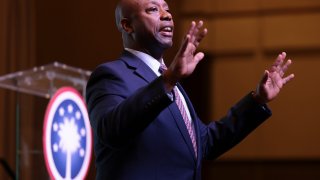 Sen. Tim Scott (R-SC) speaks at the Vision ’24 National Conservative Forum March 18, 2023 in Charleston, South Carolina.