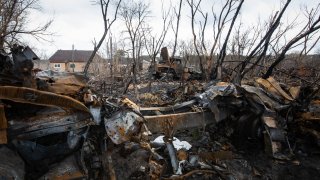 FILE - Russian armored vehicles destroyed by the Ukrainian army in the village of Shevchenkove in Kyiv region.