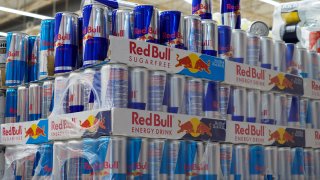 MOSCOW, RUSSIA – 2022/12/22: Cans of Red Bull energy drink seen at a store. (Photo by Alexander Sayganov/SOPA Images/LightRocket via Getty Images)