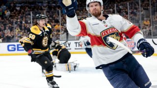 BOSTON, MA – APRIL 19: Florida Panthers center Eric Staal (12) reacts to scoring during Game 2 of an Eastern Conference First Round playoff contest between the Boston Bruins and the Florida Panthers on April 19, 2023, at TD Garden in Boston, Massachusetts. (Photo by Fred Kfoury III/Icon Sportswire via Getty Images)