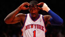 NEW YORK, NY - MAY 06:  Amare Stoudemire #1 of the New York Knicks adjusts his glasses as he gets set to play against the Miami Heat in Game Four of the Eastern Conference Quarterfinals in the 2012 NBA Playoffs on May 6, 2012 at Madison Square Garden in New York City. NOTE TO USER: User expressly acknowledges and agrees that, by downloading and or using this photograph, User is consenting to the terms and conditions of the Getty Images License Agreement  (Photo by Jeff Zelevansky/Getty Images)