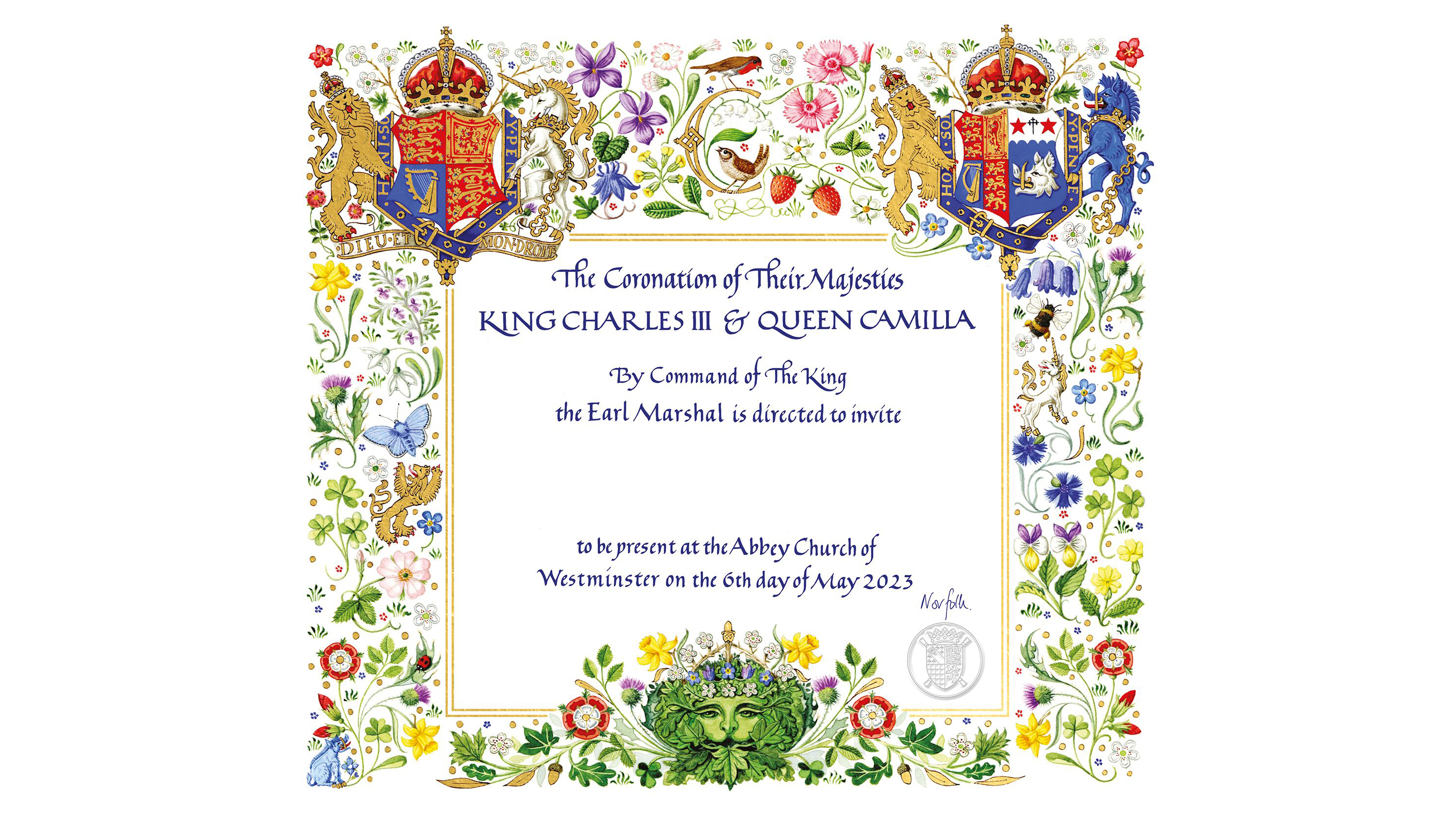 An image of the invitation to the coronation of King Charles and Queen Camilla in navy blue font against a white background, bordered by their crests at the top left and top right and a montage of wildflowers.