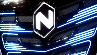 U.S. Nikola’s logo is pictured at an event held to present CNH’s new full-electric and Hydrogen fuel-cell battery trucks in partnership with U.S. Nikola event in Turin, Italy, December 3, 2019.