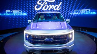 A Ford F-150 Lightning Platinum electric truck during the 2022 New York International Auto Show, New York.