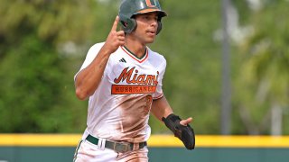 CORAL GABLES, FL – MAY 20: Miami infielder Yohandy Morales (35) confirms that Blake Cyr (4) hit a home run while running to third base in the seventh inning as the Miami Hurricanes faced the Duke Blue Devils on May 20, 2023, at Mark Light Field at Alex Rodriguez Park in Coral Gables, Florida. (Photo by Samuel Lewis/Icon Sportswire via Getty Images)