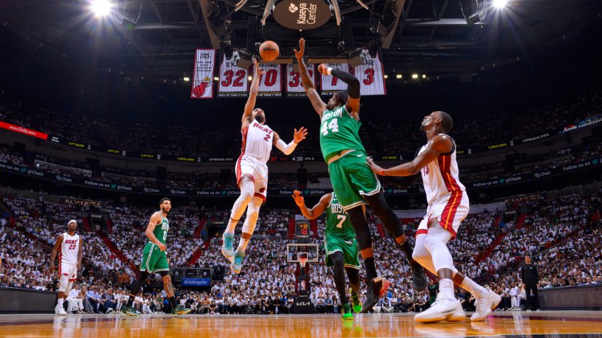 MIAMI, FL – MAY 23: Gabe Vincent #2 of the Miami Heat shoots the ball during Game 4 of the 2023 NBA Playoffs Eastern Conference Finals on May 23, 2023 at Miami-Dade Arena in Miami, Florida. NOTE TO USER: User expressly acknowledges and agrees that, by downloading and or using this Photograph, user is consenting to the terms and conditions of the Getty Images License Agreement. Mandatory Copyright Notice: Copyright 2023 NBAE