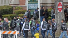 (Fitchburg, MA 05/03/14)  Mourners enter Rollstone Congregational Church for the funeral of Jeremiah  Oliver on Saturday, May 03, 2014.  Staff photo by Patrick Whittemore.
 (Photo by Patrick Whittemore/MediaNews Group/Boston Herald via Getty Images)