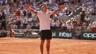 PARIS, FRANCE – MAY 30: Thiago Seyboth Wild of Brazil celebrates winning match point against Daniil Medvedev during their Men’s Singles First Round Match on Day Three of the 2023 French Open at Roland Garros on May 30, 2023 in Paris, France.
