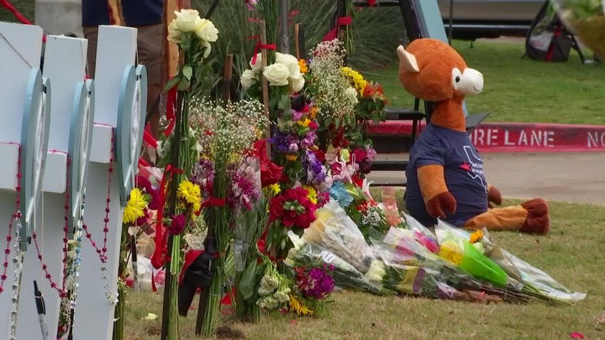 A memorial for eight people killed and seven injured in a mass shooting Saturday, May 6, 2023 at the Allen Premium Outlets in Allen, Texas, taken Monday, May 8, 2023.