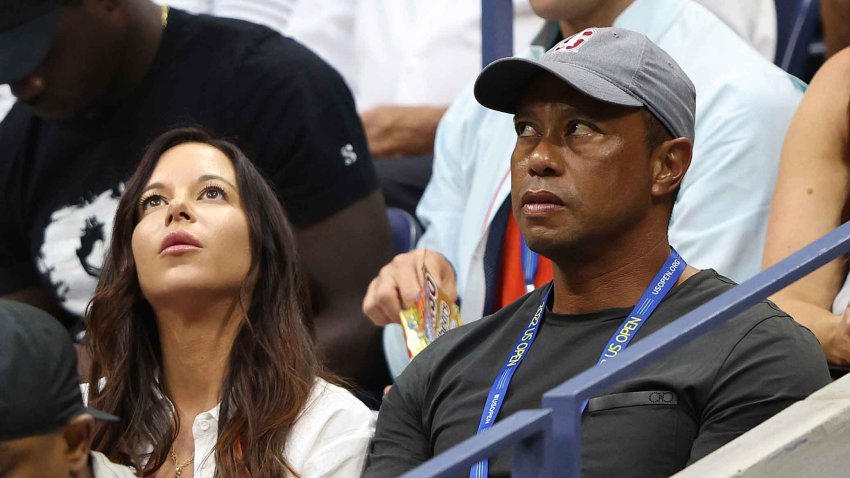 Erica Herman and Tiger Woods look on prior to the Women’s Singles Second Round match between Anett Kontaveit of Estonia and Serena Williams of the United States on Day Three of the 2022 US Open at USTA Billie Jean King National Tennis Center on August 31, 2022 in the Flushing neighborhood of the Queens borough of New York City.