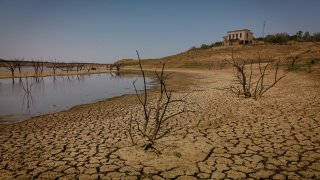 A view of the practically empty swamp that supplied water to Fuente obejuna village in Cordoba, Spain on May 19, 2023.