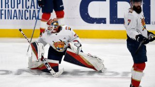 FILE – Florida Panthers goaltender Sergei Bobrovsky (72) and defenseman Radko Gudas (7) warm up while wearing a Pride Night hockey jersey before playing the Toronto Maple Leafs on March 23, 2023, in Sunrise, Fla. Bobrovsky, who is Russian, did take part in warmups the night the Staal brothers declined and in the aftermath of several countrymen deciding not to wear Pride jerseys.