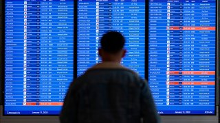 FILE - A traveler looks at a flight board with delays and cancellations at Ronald Reagan Washington National Airport in Arlington, Va., Jan. 11, 2023.
