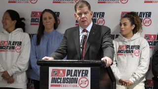 NHLPA executive director Marty J. Walsh speaks during the NHL Player Inclusion Coalition Launch & Hockey Clinic at Ford Ice Center on June 27, 2023 in Antioch, Tennessee.