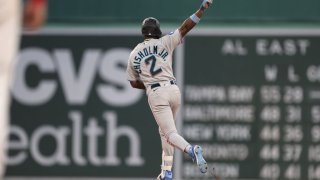 BOSTON, MASSACHUSETTS – JUNE 29: Jazz Chisholm #2 of the Miami Marlins celebrates after hitting a solo home run during the ninth inning against the Boston Red Sox at Fenway Park on June 29, 2023 in Boston, Massachusetts. (Photo by Paul Rutherford/Getty Images)