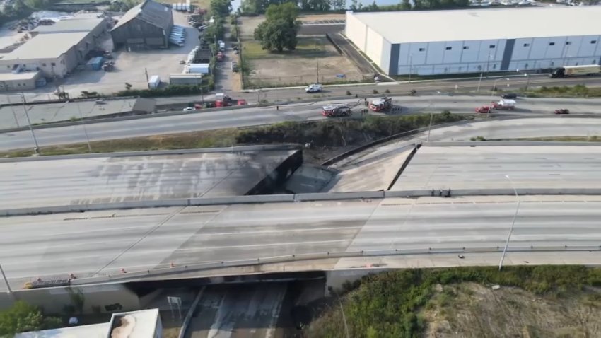 An overhead image showing I-95 northbound lanes collapsed after a vehicle fire.