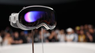 Apple’s new Vision Pro virtual reality headset is displayed during Apple’s Worldwide Developers Conference (WWDC) at the Apple Park campus in Cupertino, California, on June 5, 2023.
