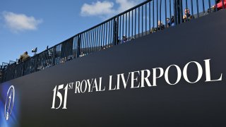 Signage on the course during practice ahead of the 151st British Open Golf Championship at Royal Liverpool Golf Course in Hoylake, north west England on July 16, 2023.