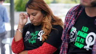Samantha Casiano, who was forced to carry a nonviable pregnancy to term and give birth to a baby who died four hours after birth, stands outside the Travis County Courthouse, Wednesday, July 19, 2023, in Austin, Texas.