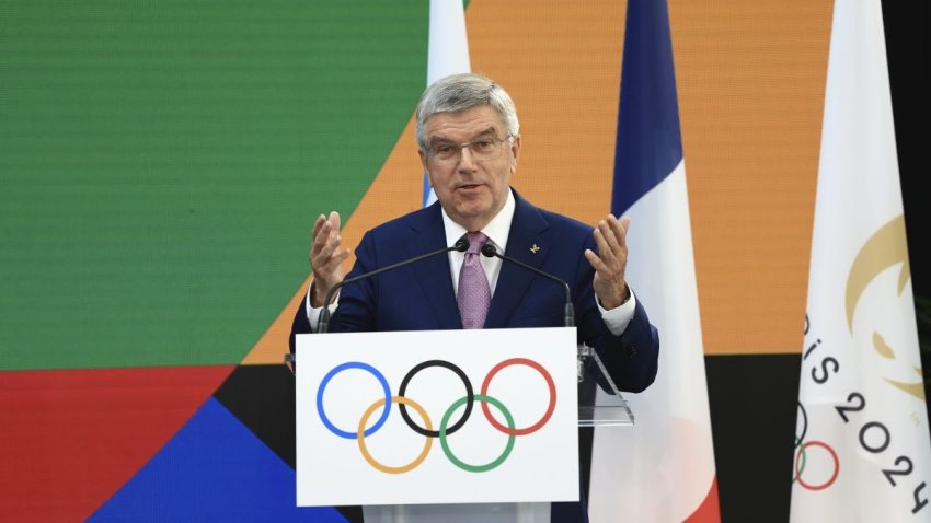 International Olympic Committee (IOC) president Thomas Bach delivers his speech during IOC invitation ceremony, exactly one year for the 2024 Olympics, Wednesday, July 26, 2023 in Saint-Denis, outside Paris. (AP Photo/Aurelien Morissard)