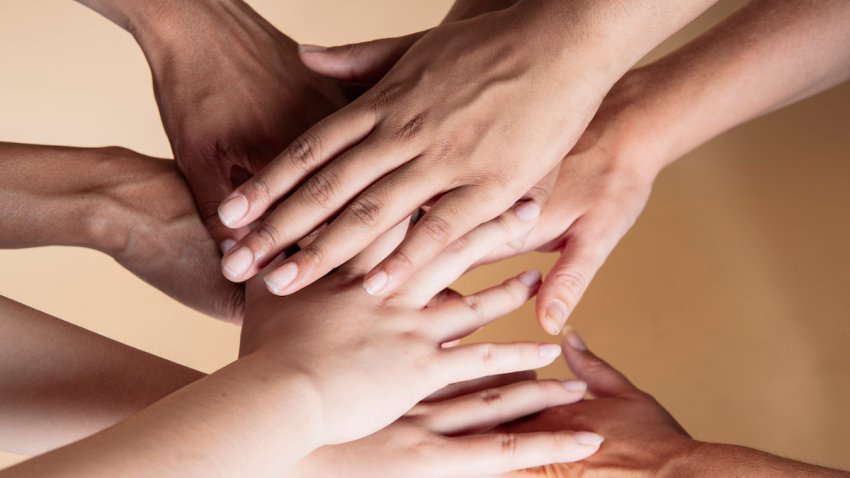 many hands of multi-ethnic women of different skin color