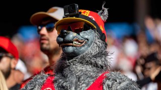 A Kansas City Chiefs fan shows his support during the game between the Kansas City Chiefs and San Francisco 49ers on October 23, 2022, at Levis Stadium in Santa Clara, Calif.