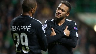 Kylian Mbappe of PSG celebrates his goal with Neymar Jr (right) during the UEFA Champions League match between Celtic Glasgow and Paris Saint Germain (PSG) at Celtic Park on September 12, 2017