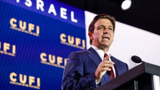 Republican presidential candidate Florida Governor Ron DeSantis delivers remarks at the 2023 Christians United for Israel summit on July 17, 2023 in Arlington, Virginia.