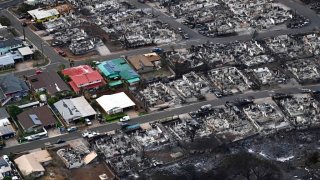 An aerial image taken Aug. 10, 2023, shows destroyed homes and buildings burned to the ground in Lahaina in the aftermath of wildfires in western Maui, Hawaii.