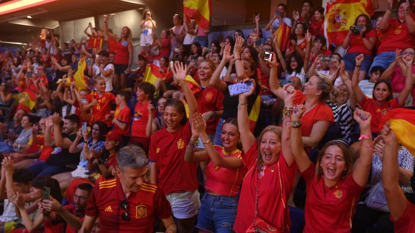 Fans cheer Spain’s victory on the final whistle while watching a live transmission on a giant screen the final of the FIFA Women’s World Cup 2023 between England and Spain on Aug. 20, 2023 in Madrid, Spain.