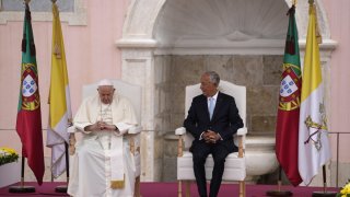 Pope Francis and Portugal’s President Marcelo Rebelo de Sousa, right, are seated during the Welcome Ceremony at the Belem presidential palace in Lisbon, Wednesday, Aug. 2, 2023. Pope Francis starts his five-day pastoral visit to Portugal Wednesday that includes his participation at the 37th World Youth Day, and a pilgrimage to the holy shrine of Fatima. (AP Photo/Armando Franca)