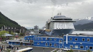 Cruise ships are docked on June 9, 2023, in downtown Juneau, Alaska