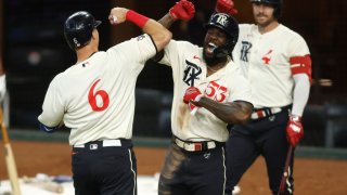 ARLINGTON, TEXAS – AUGUST 05: Josh Jung #6 of the Texas Rangers is congratulated by Adolis Garcia #53 of the Texas Rangers after hitting a two-run home run in the fifth inning against the Miami Marlins at Globe Life Field on August 05, 2023 in Arlington, Texas. (Photo by Tim Heitman/Getty Images)