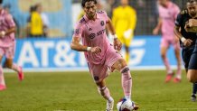 CHESTER, PA - AUGUST 15: Inter Miami forward Leonardo Campana (9) dribbles the ball during the Leagues Cup game between Inter Miami CF and the Philadelphia Union on August 15, 2023, at Subaru Park in Chester, PA. (Photo by Andy Lewis/Icon Sportswire via Getty Images)