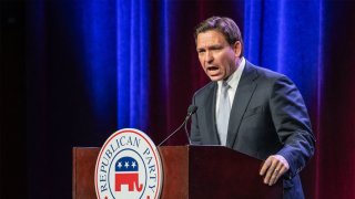 Florida Governor and 2024 Republican Presidential hopeful Ron DeSantis speaks at the Republican Party of Iowa's 2023 Lincoln Dinner at the Iowa Events Center in Des Moines, Iowa, on July 28, 2023.