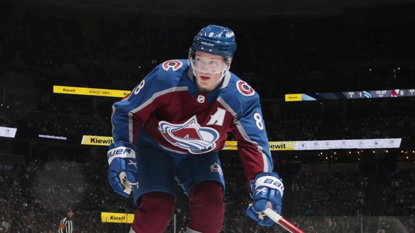 Cale Makar #8 of the Colorado Avalanche skates against the Seattle Kraken in Game One of the First Round of the 2023 Stanley Cup Playoffs at Ball Arena on April 18, 2023 in Denver, Colorado.